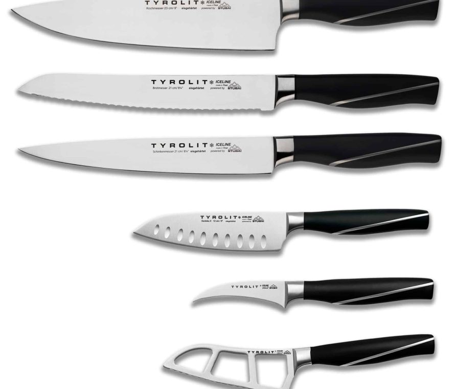 TYROLIT Life Iceline Messerset Expert mit Kochmesser, Brotmesser, Schinkenmesser, Santoku II, Tourniermesser und Käsemesser